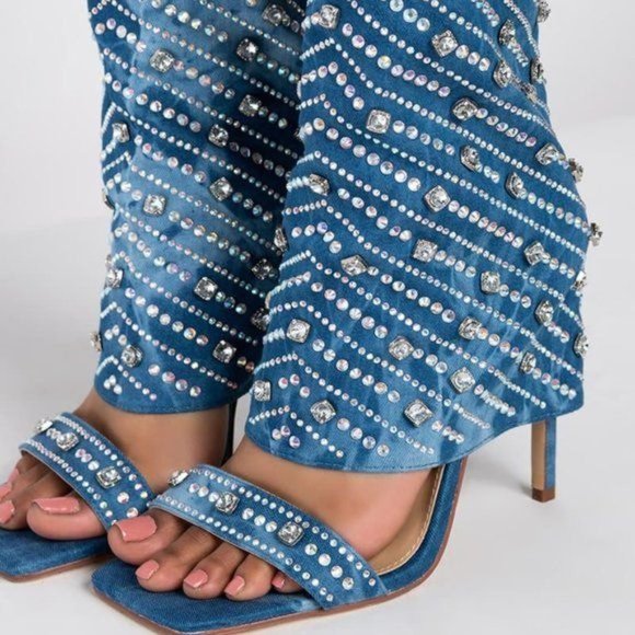 Callie Denim Diamond Drape: Bling Rhinestone Covered Stiletto Blue Jean Sandal - Picture 5 of 7